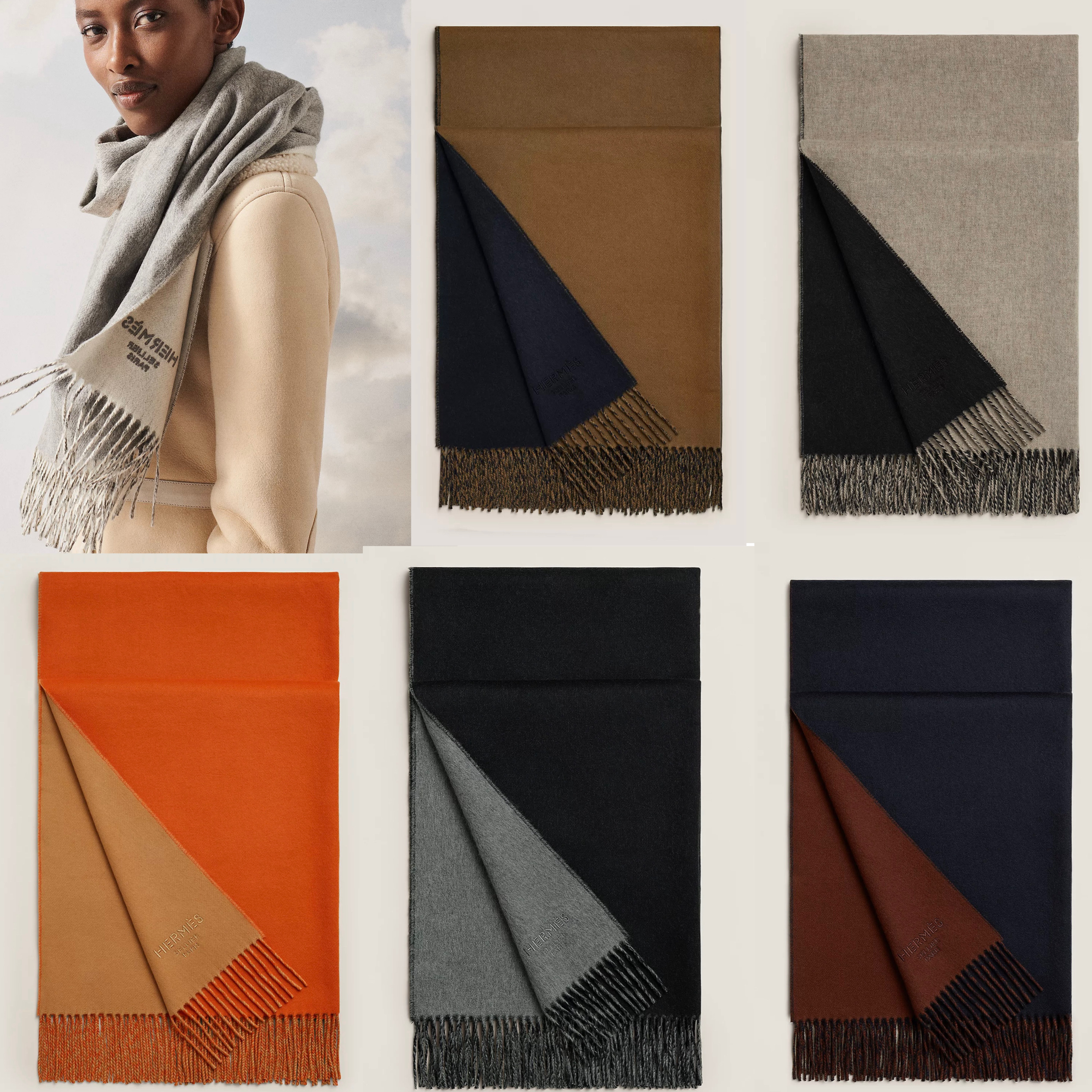 HERMES*ロゴ入ストール カシミヤ100％ダブルフェイスバイカラー
