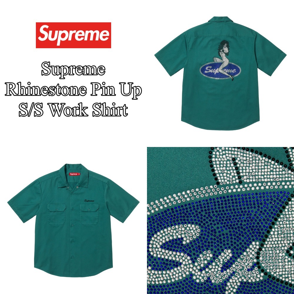 Supreme】Rhinestone Pin Up S/S Work Shirt☆WorkGreen☆25SS