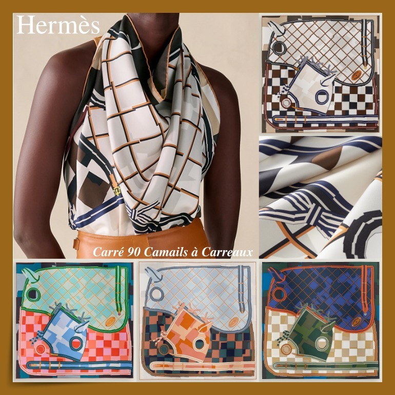 HERMES】ユニークで魅力☆Camails a Carreaux カレ90 スカーフ (HERMES