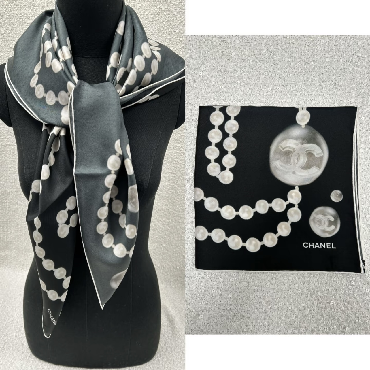 CHANEL】シルク スカーフ パールチェーンデザイン 90×90cm (CHANEL