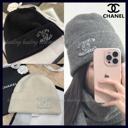 CCマークの刺繍が可愛い♪【CHANEL】柔らかな起毛感 ニット帽 (CHANEL
