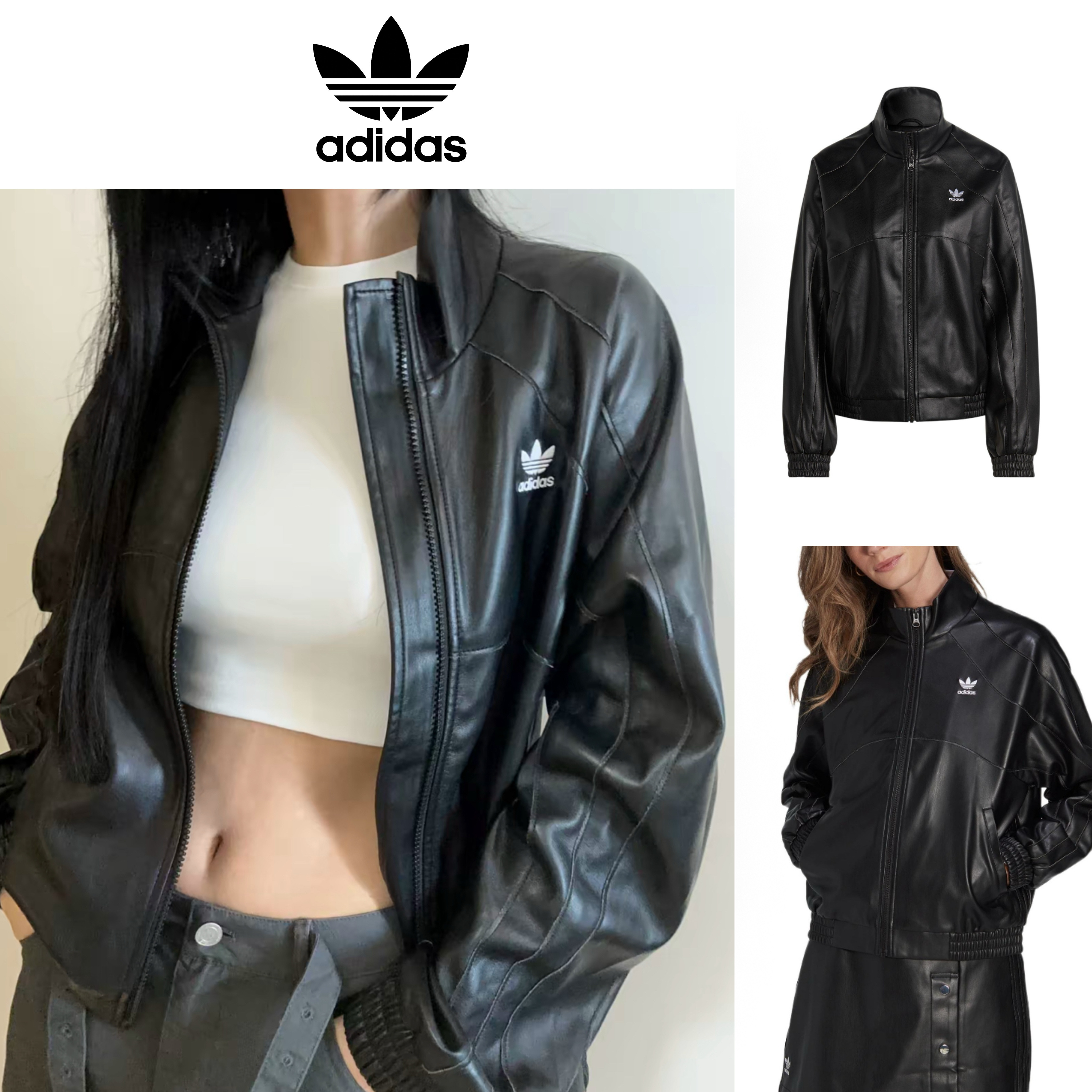 adidas originals】☆黒フェイクレザー三つ葉JK (adidas/レザー