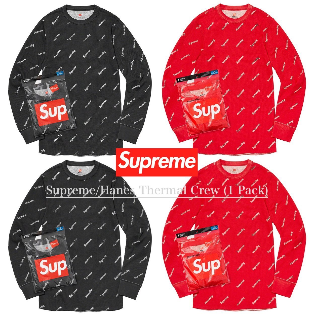 Supreme Hanes Thermal Crew (1 Pack) - サーマル 赤 黒 (Supreme/T