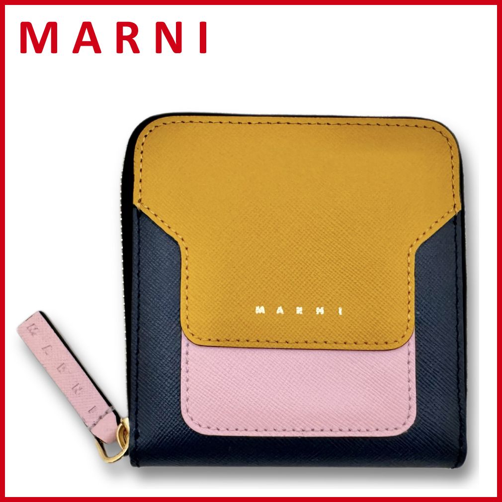 MARNI マルニ 折りたたみ 長財布 レザー ネイビー ブラック 黒 箱付き