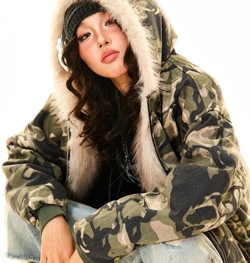 迷彩柄 ファーフード付き コットン ジャケット カジュアル ラフ