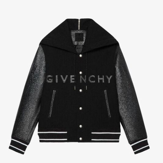 GIVENCHY ロゴ ウール混紡＆レザー バーシティ ジャケット*黒系