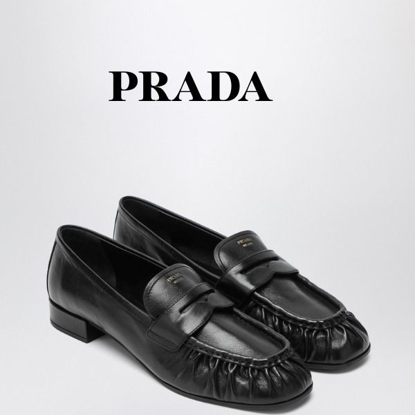 PRADA プラダ☆ブラック レザー ロゴ入りギャザーローファー (PRADA