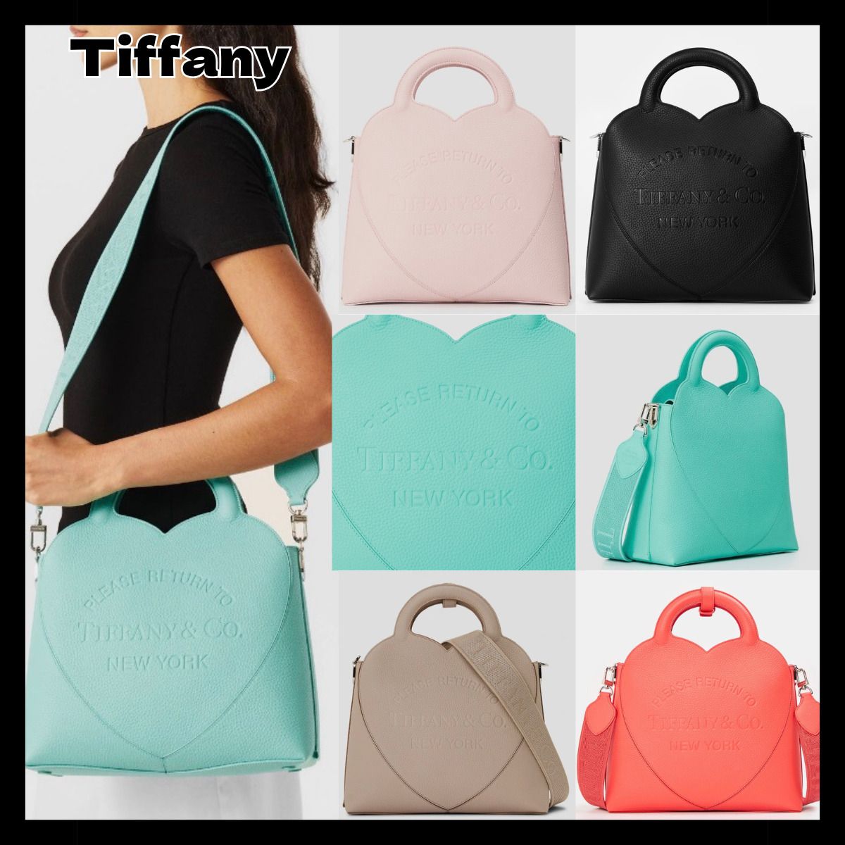 2WAY【Tiffany】レザー ハート トート ショルダー バッグ Rtt (Tiffany