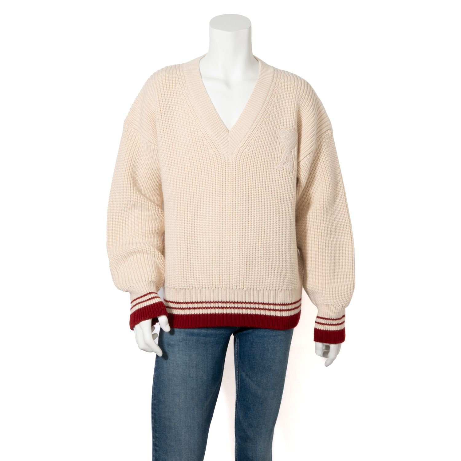 国内即発】AMI Paris WHITE CREAM Ribbed V Neck Sweater (AMI PARIS