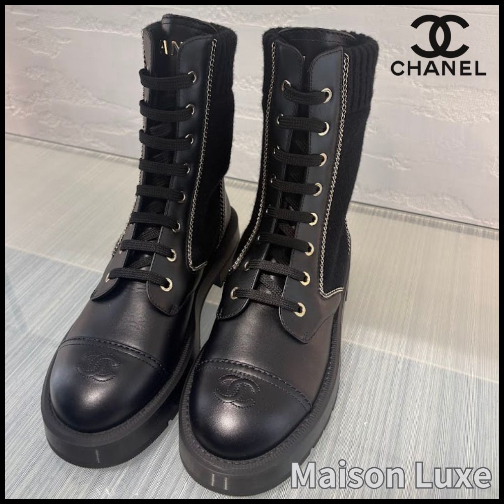 新作【CHANEL】レースアップコンバットブーツ (CHANEL/ミドルブーツ