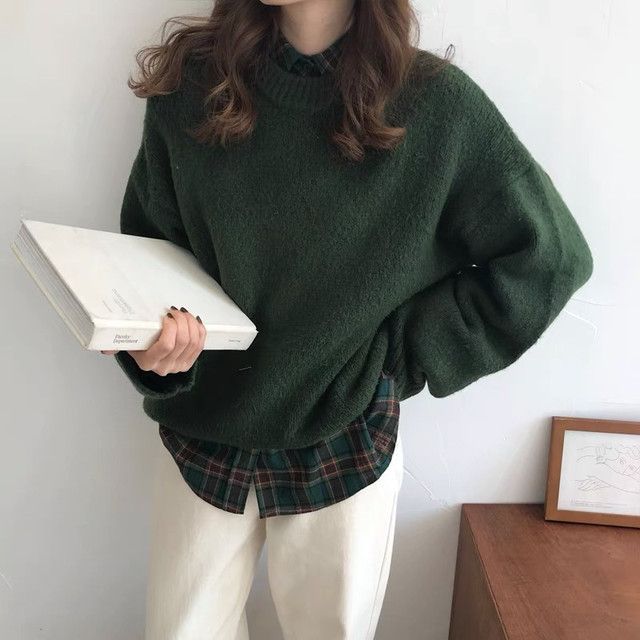 韓国 モスグリーン ニット チェック シャツ セット おしゃれ (ニット