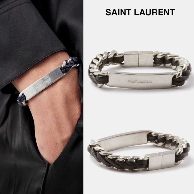 Saint Laurent□メンズ タグ カーブチェーン レザーブレスレット
