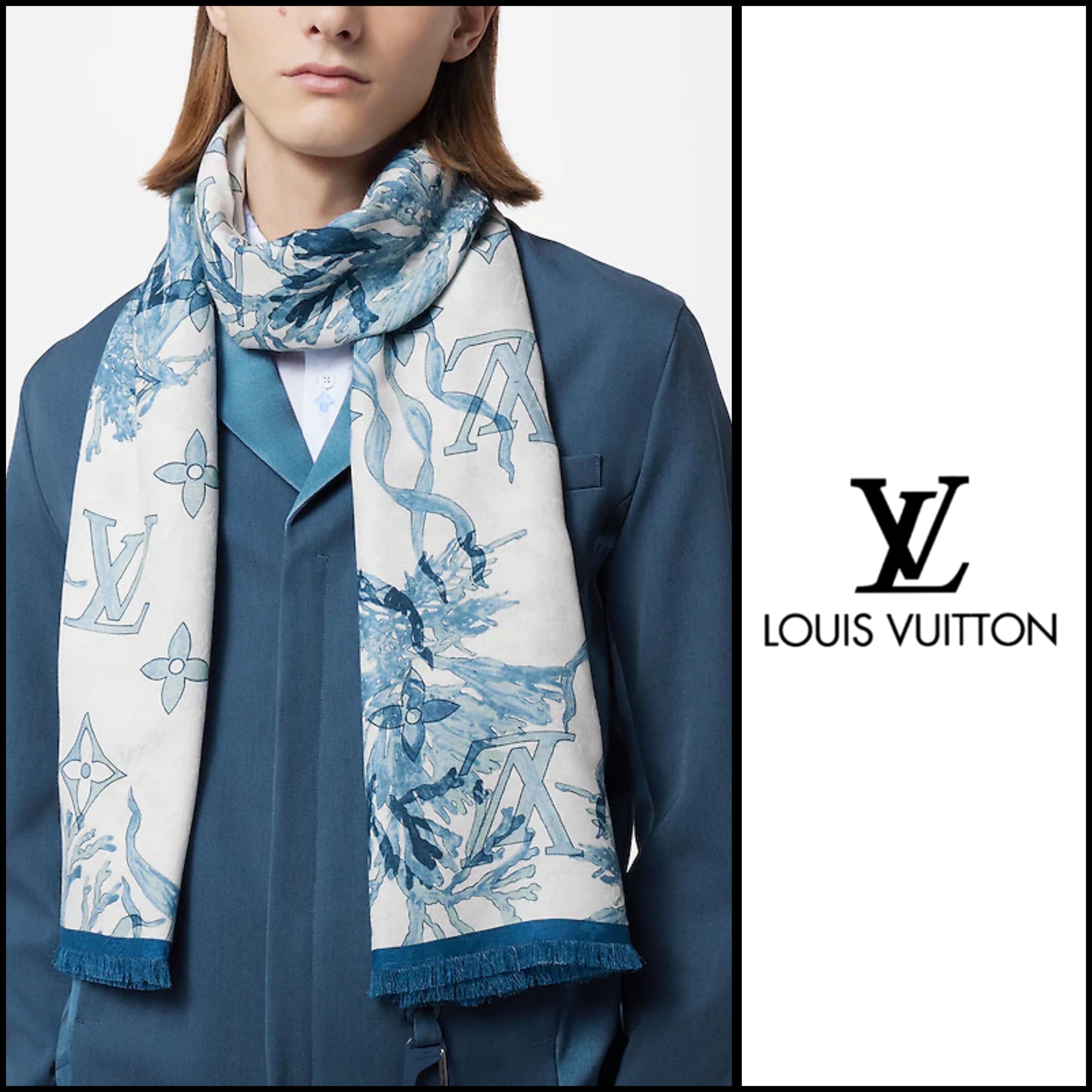 LOUIS VUITTON ストール グレー×ネイビー140cm x140cm