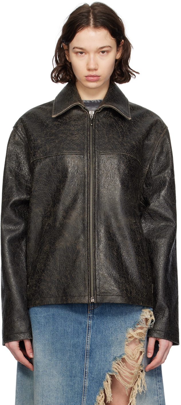 GUESS USA Brown Crackle Leather Jacket GUESS