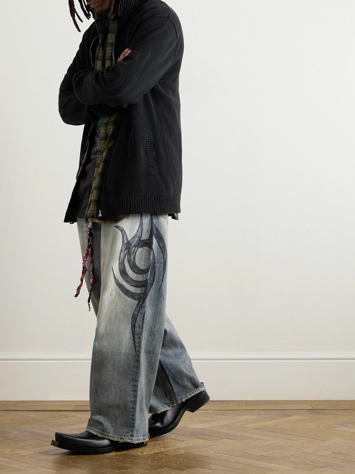 Balenciaga - Y2K Wide-Leg Distressed Printed Jeans - Blue Balenciaga