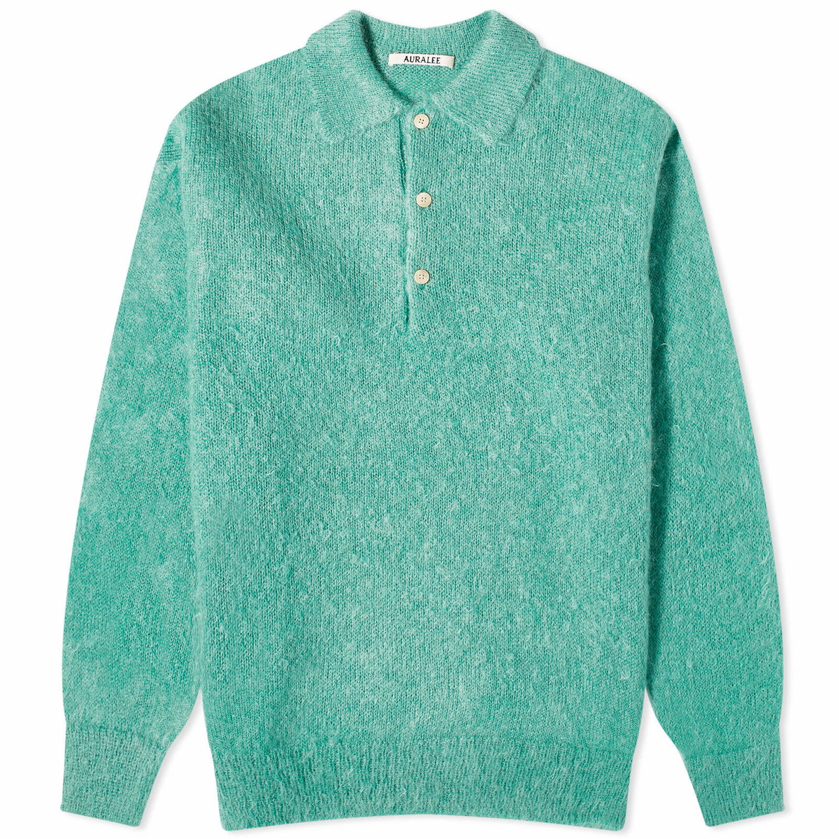 Auralee Men's Mohair Knit Polo Shirt in Jade Green Auralee