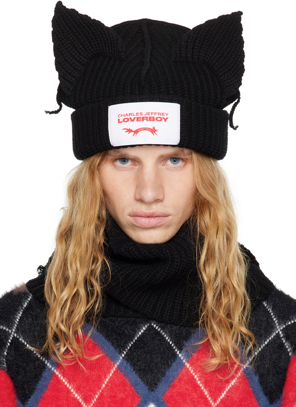 Charles Jeffrey LOVERBOY Black Chunky Ears Beanie Scarf Charles