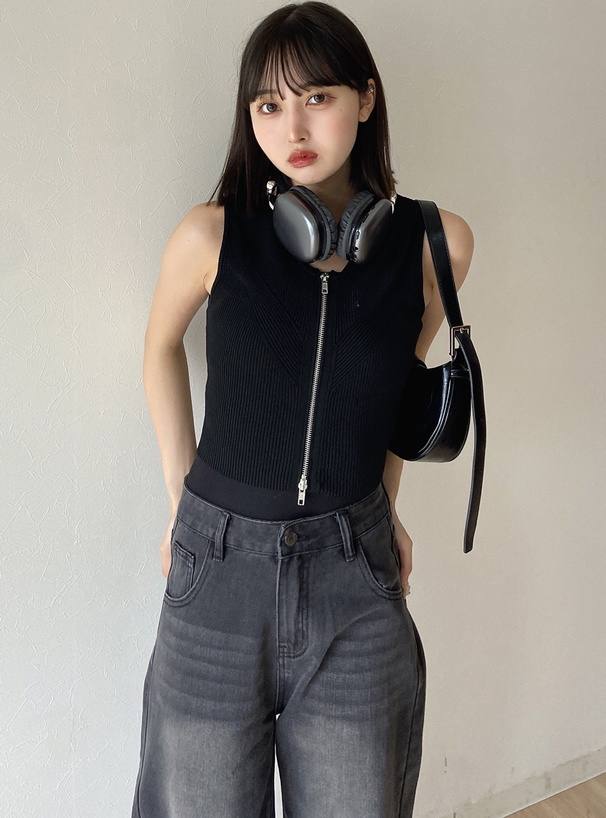 ダブルジップノースリーブリブニットトップス[an1505] | レディース