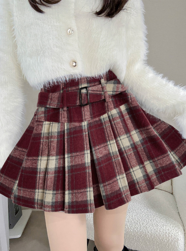 インパン裏地・ベルト付きチェック柄プリーツミニスカート[gn537