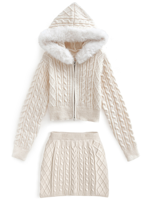 ケーブル編みファーニットパーカー×ミニスカートセットアップ[gf90a