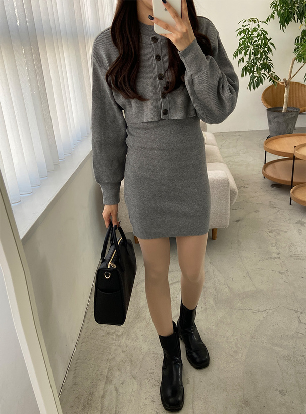 ニットクロップド丈カーディガン×ミニワンピースセットアップ[dr557