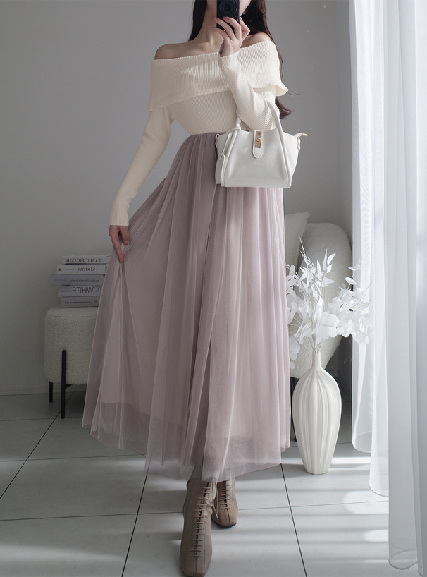 オフショルニットチュールフレアワンピース[dr744] | レディース