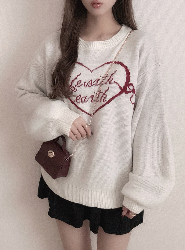 ハートリボンロゴジャガードニットトップス[dr767] | レディース