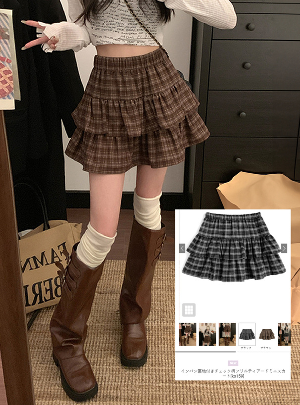 インパン裏地付きチェック柄フリルティアードミニスカート[ks159