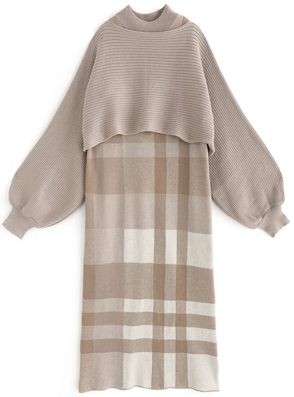 クロップド丈トップスXチェック柄ワンピースニットセットアップ[kz200