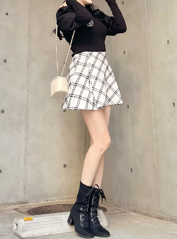 ダイヤチェック柄ツイードフレアミニスカート[mei37] | レディース