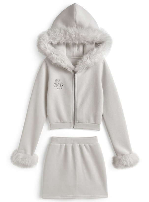 ファー付きパーカー×ミニスカートスウェットセットアップ[pm413