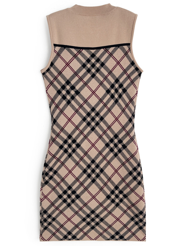 チェック柄フロントオープンリボンノースリーブニットミニワンピース