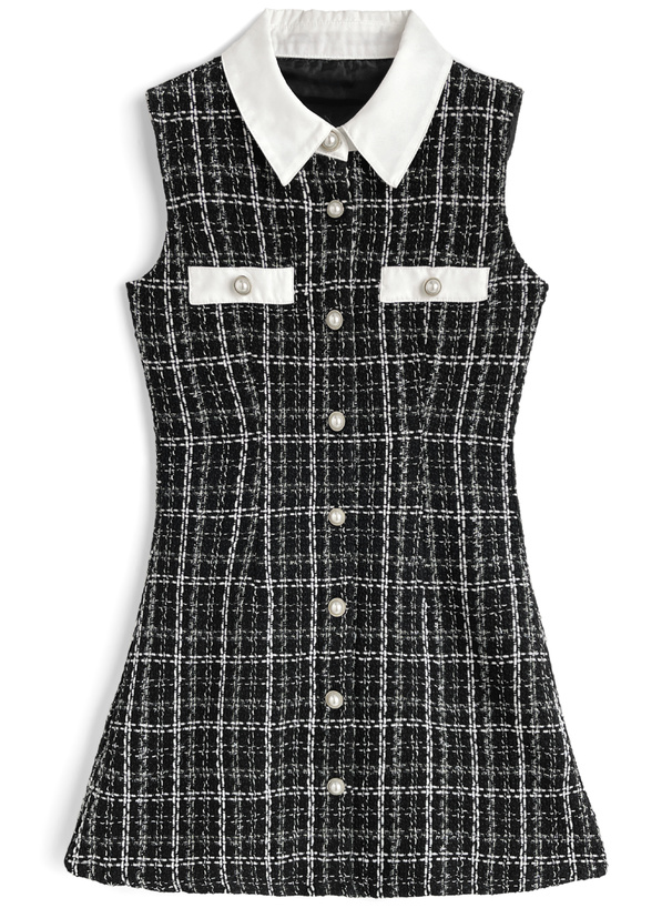配色襟ツイードチェック柄ノースリーブミニワンピース[tg882