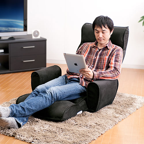 座椅子（ハイバック・ひじ掛け付き・14段階調節・サイドポケット付き