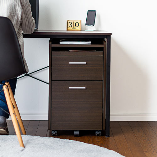 木製デスクワゴン（引き出し2段・スライドトレイ・天板収納・木製