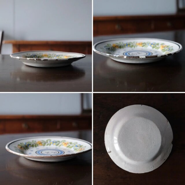 フランス アンティーク 陶器 平皿 花絵皿 リム皿 φ21.5cm イニシャル