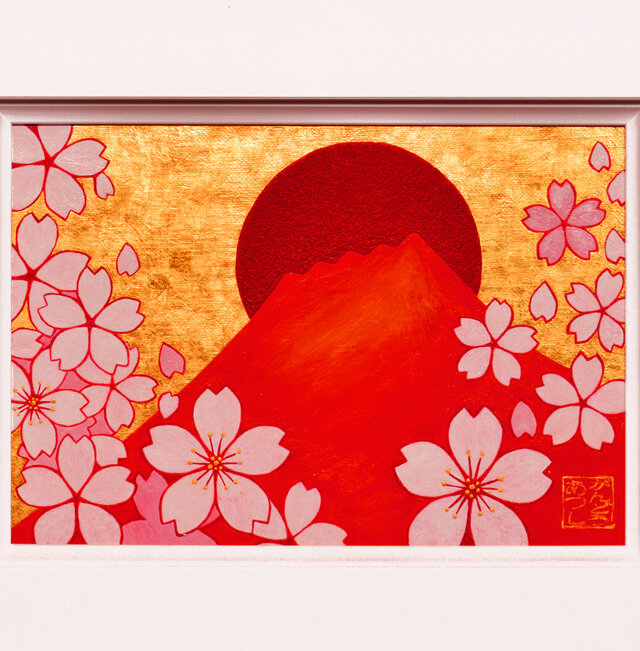 原画◎『桜と赤富士』○がんどうあつし和洋画○純金箔Liquitex膠日本画