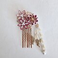 つまみ細工 花と蝶の髪飾り エンジ×サーモンピンク 《成人式、七五三