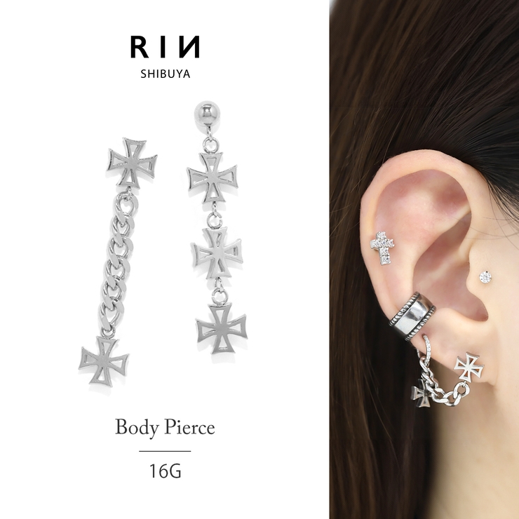 ボディピアス 十字架クロス チェーン軟骨ピアス[品番：RINA0001044