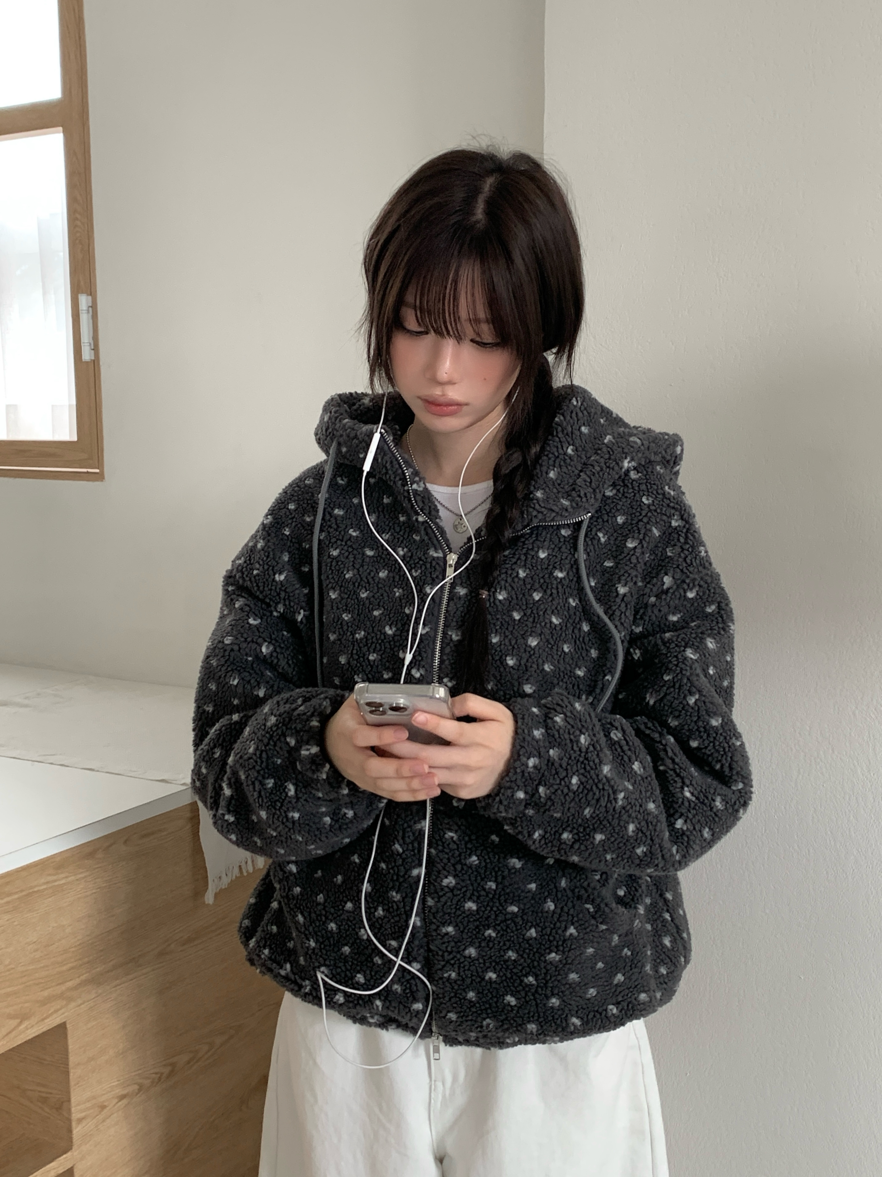 ハート模様ドット柄フリースジップパーカー | ファッション通販サイト NUGU