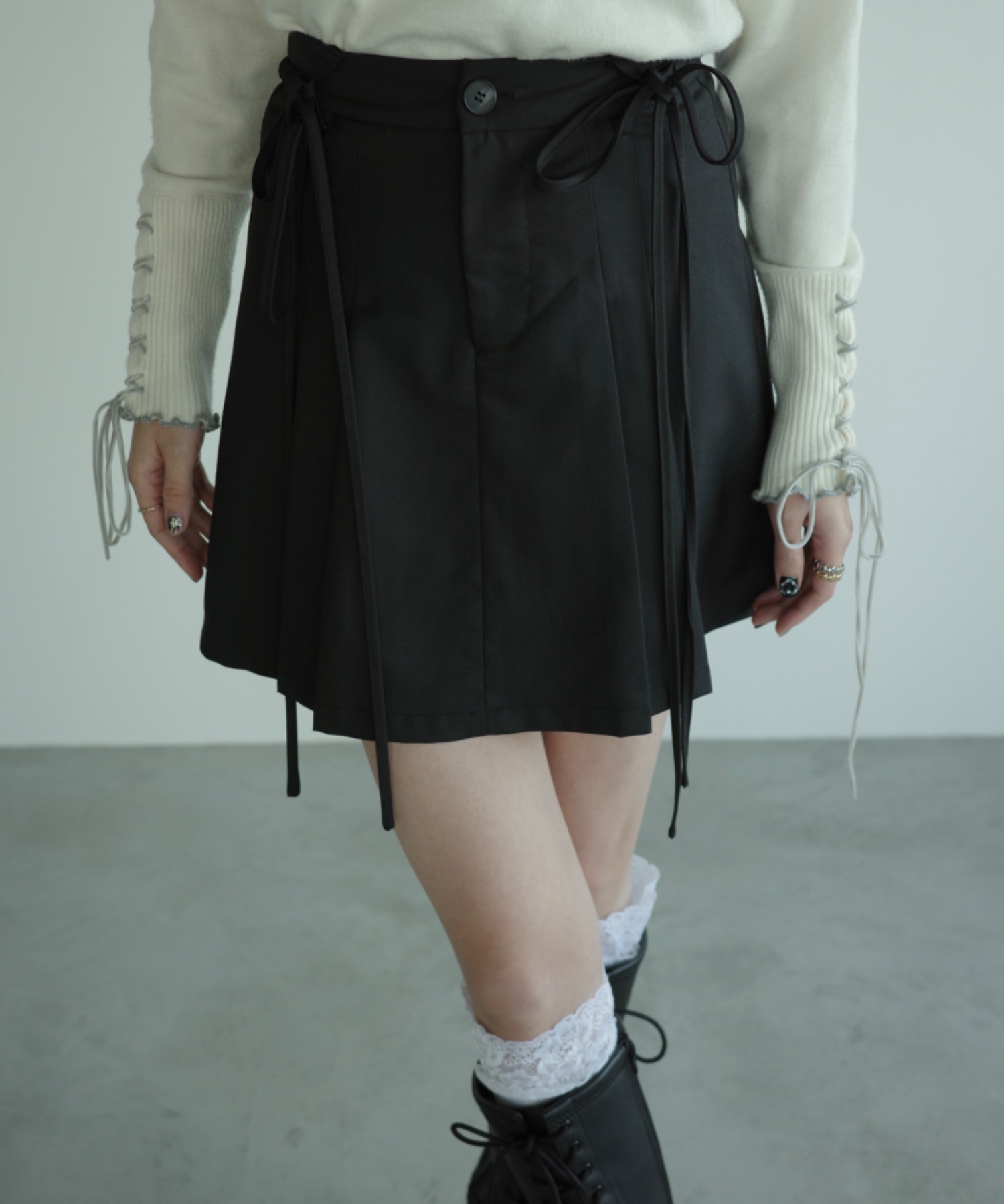 2way ribbon belt mini skirt/ウエストリボンタックミニスカート