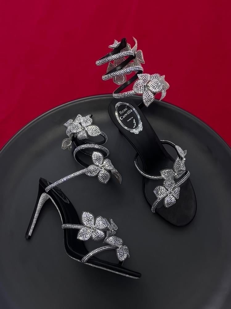 René Caovilla Margot 105 Wrapped Sandal in Black with Floral