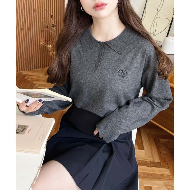 ワンポイント刺繍入り衿付きポロニット12G[品番：ERMW0004070
