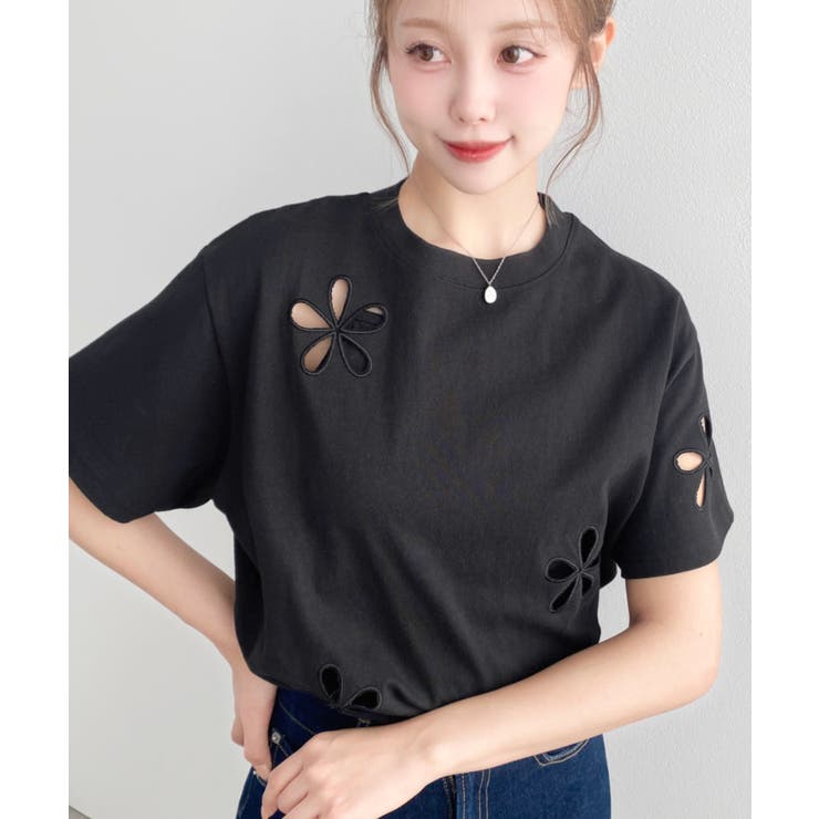フラワー刺繍半袖Tシャツ[品番：ERMW0000188]｜moment+（モーメント