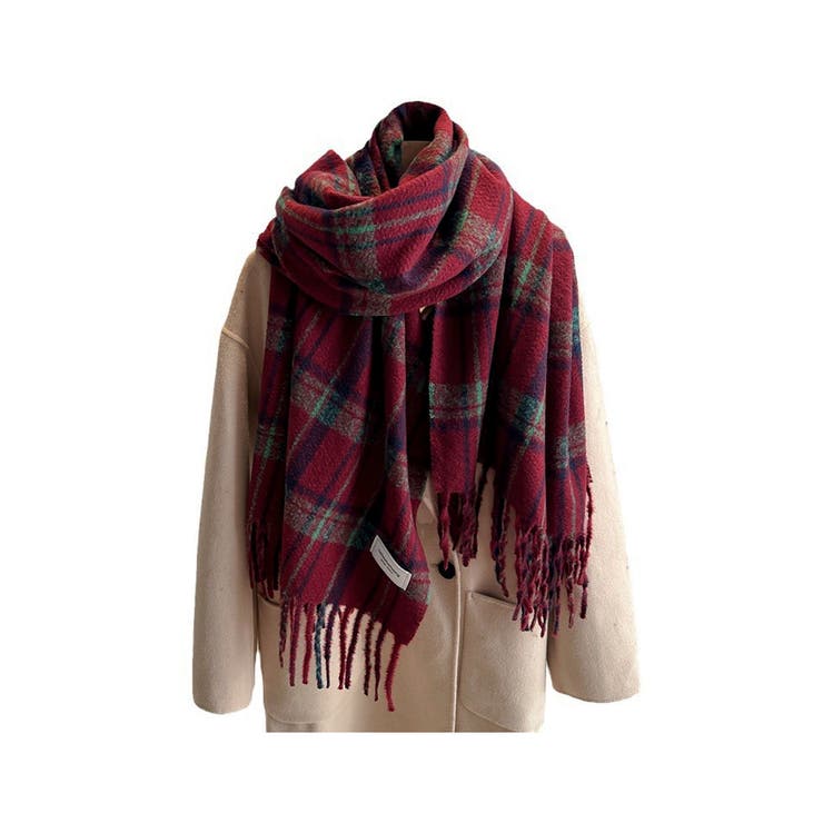 チェック柄ストール 大判フリンジマフラー[品番：AGCW0005953