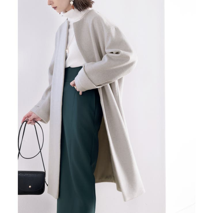 女っぽアウター。大人のノーカラーウールロングコート[品番