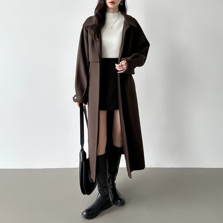 ロングコート ベルト付き 2wayスタンドカラーコート[品番：COCW0006049