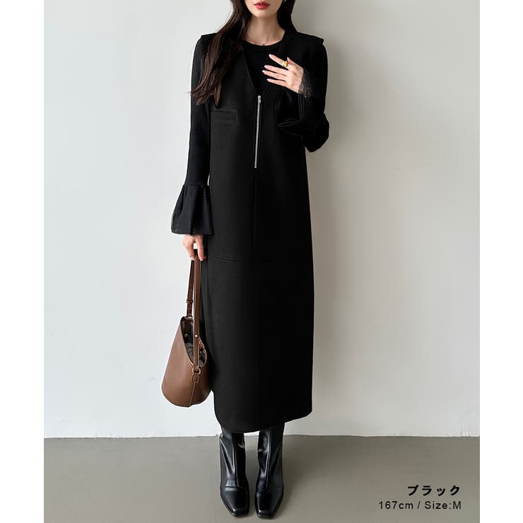 ジャンパースカート ハーフジップワンピース vネック[品番