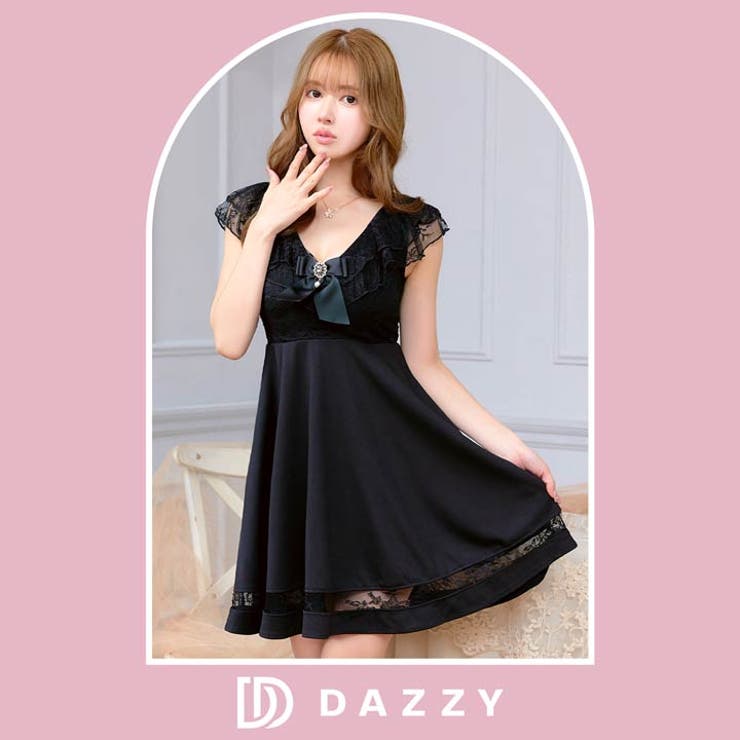 キャバ ドレスリボンブローチ付きフリルレースAラインミニドレス