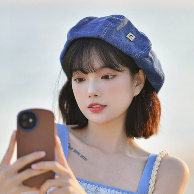 ベレー帽 帽子 デニム 無地 レディース ネイビー ブルー[品番